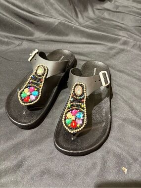 Ipanema Black Thong Sandals with Colorful Beaded Floral Accents